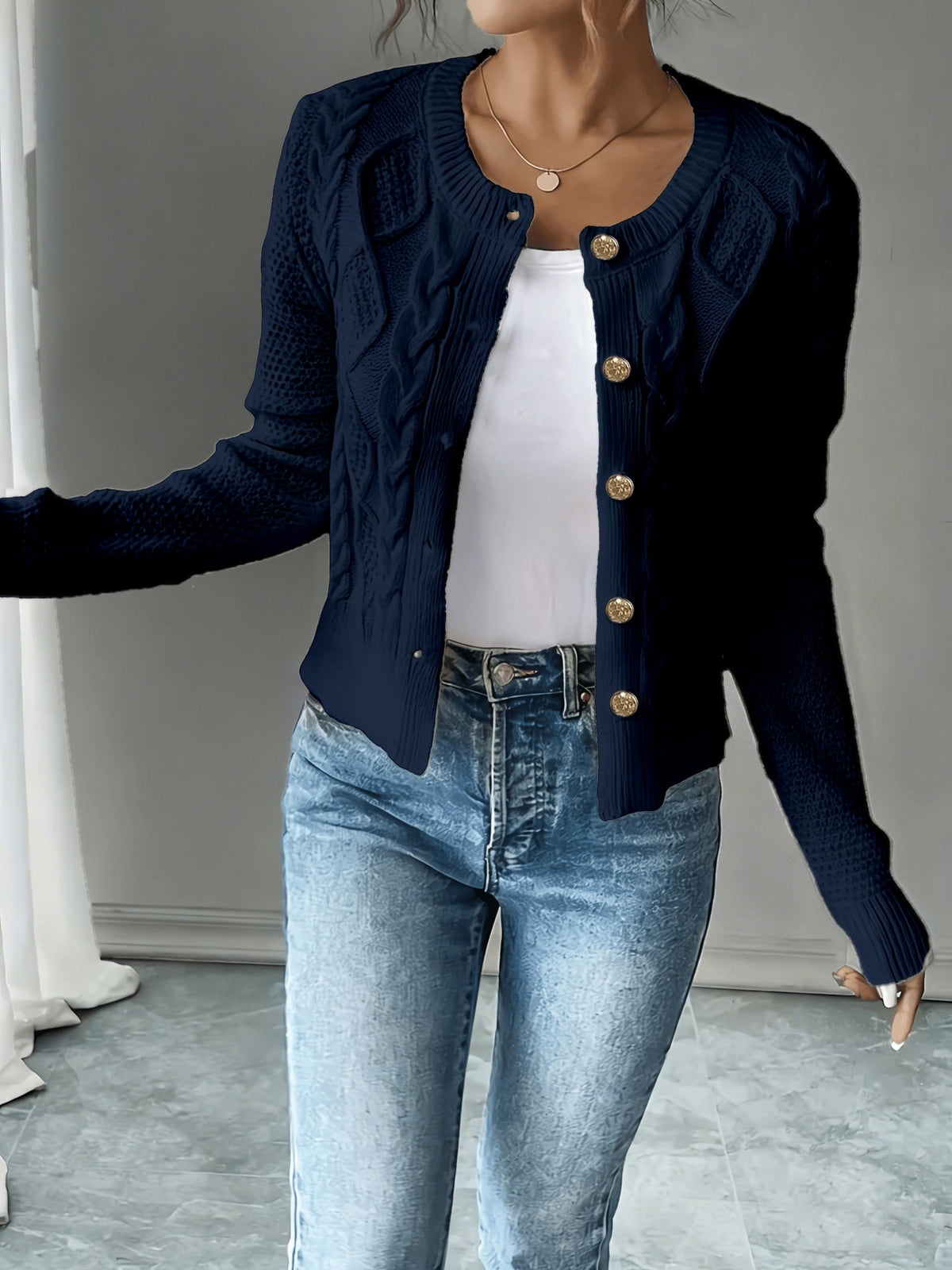 Eleanore | Cable-Knit Button-Front Cardigan – front view