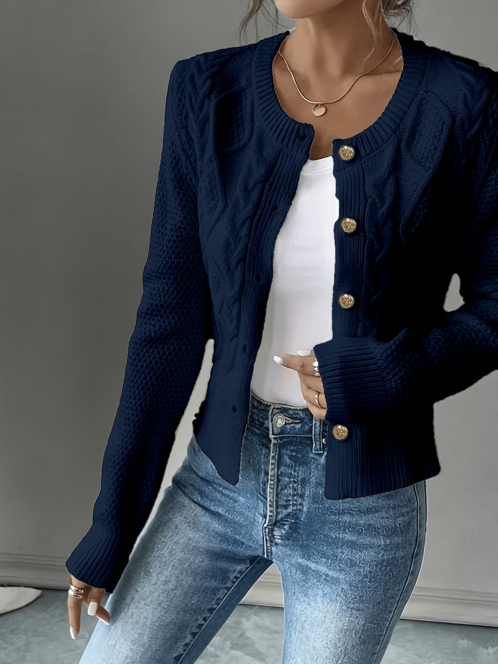 Eleanore | Cable-Knit Button-Front Cardigan – front view