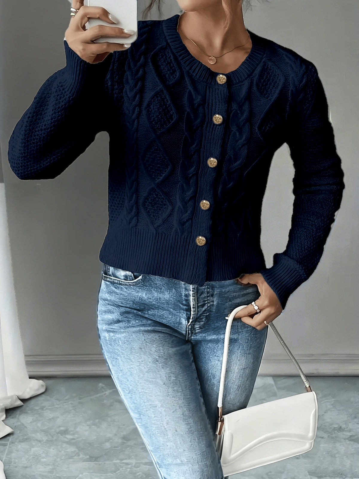 Eleanore | Cable-Knit Button-Front Cardigan – styled view