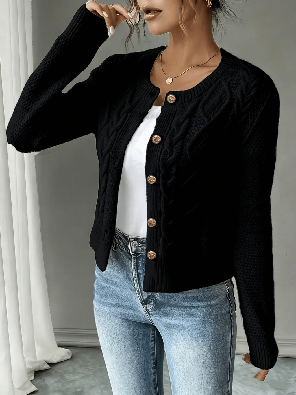Eleanore | Cable-Knit Button-Front Cardigan – front view