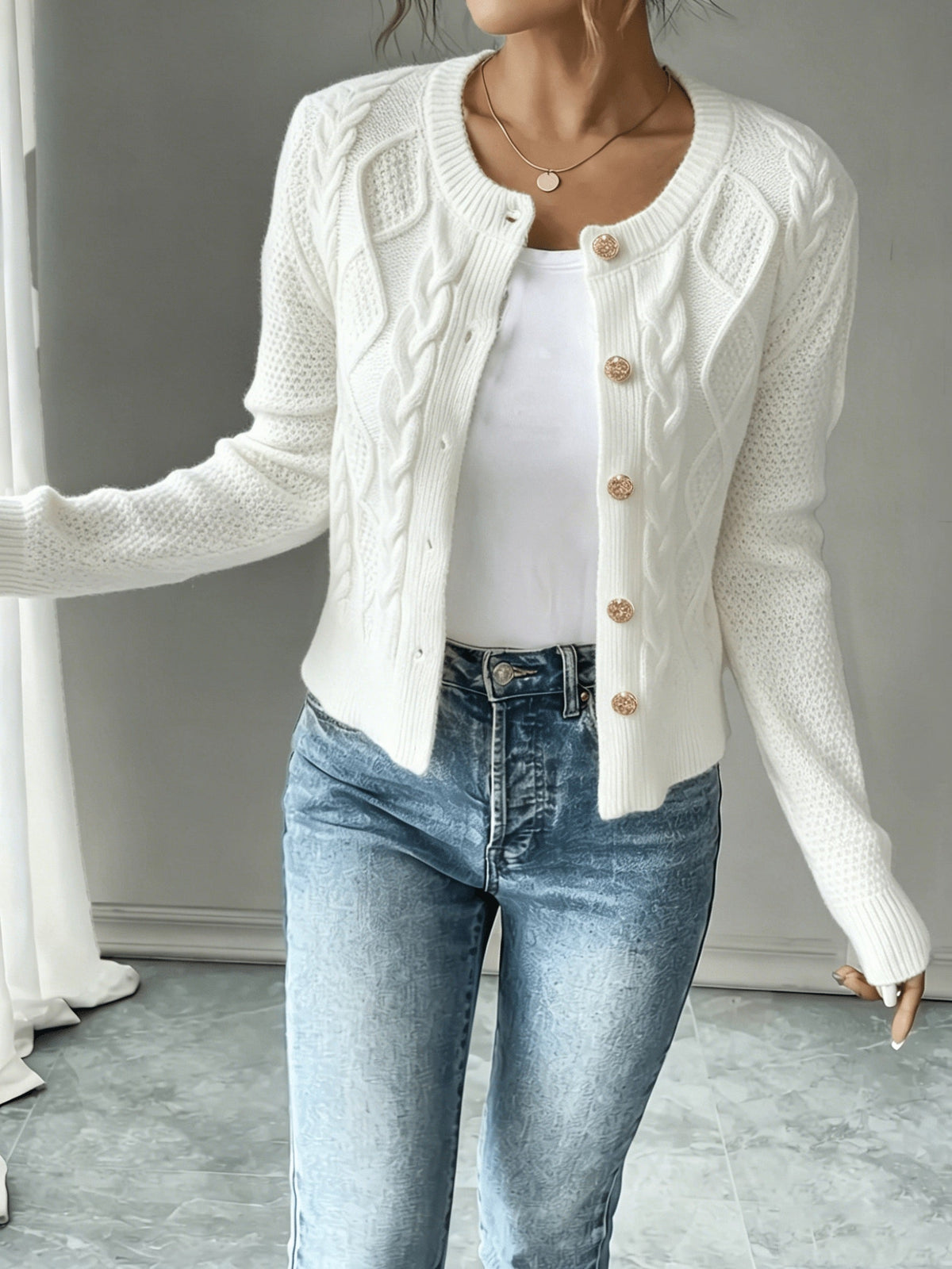 Eleanore | Cable-Knit Button-Front Cardigan – front view