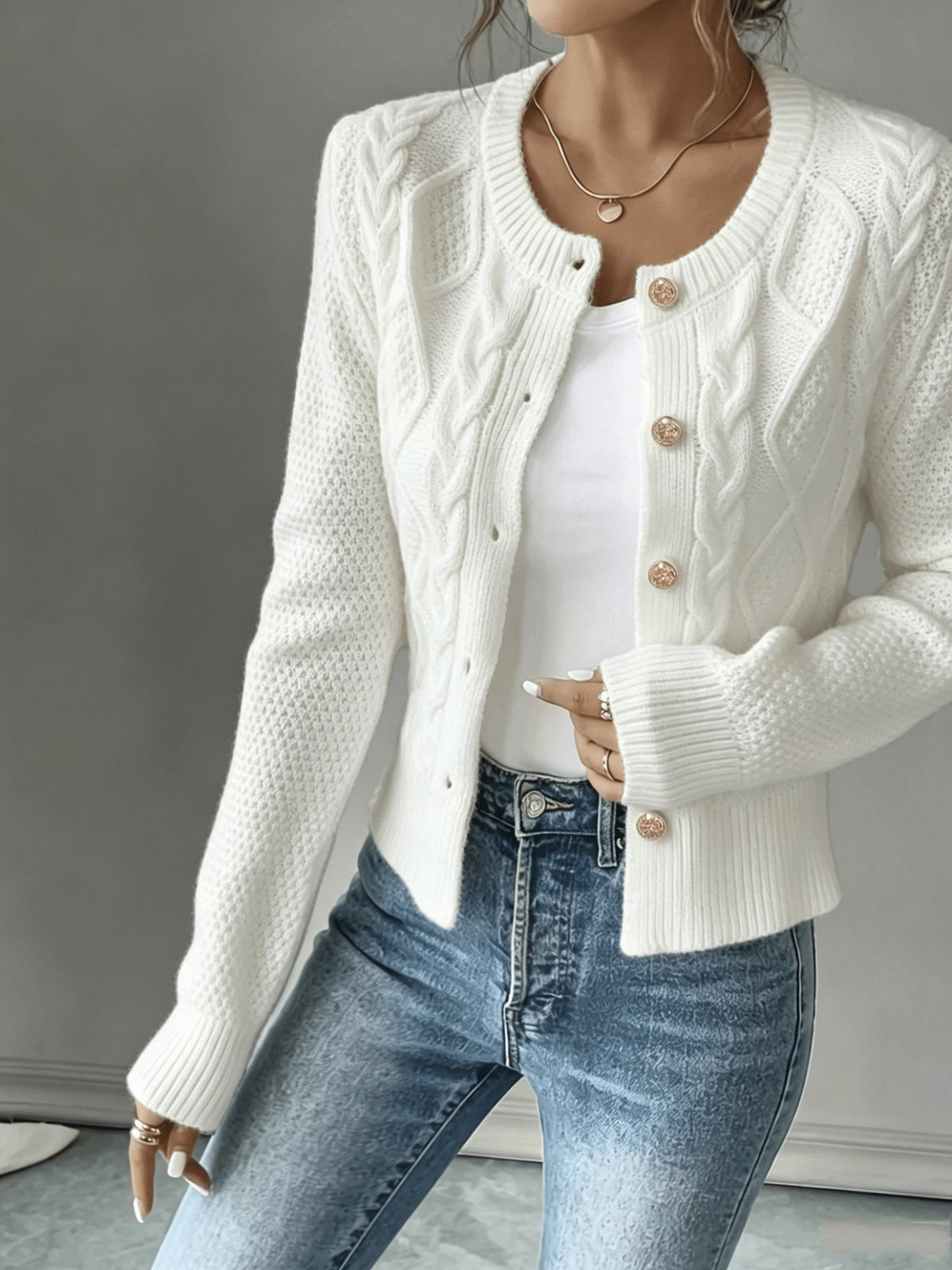 Eleanore | Cable-Knit Button-Front Cardigan – front view