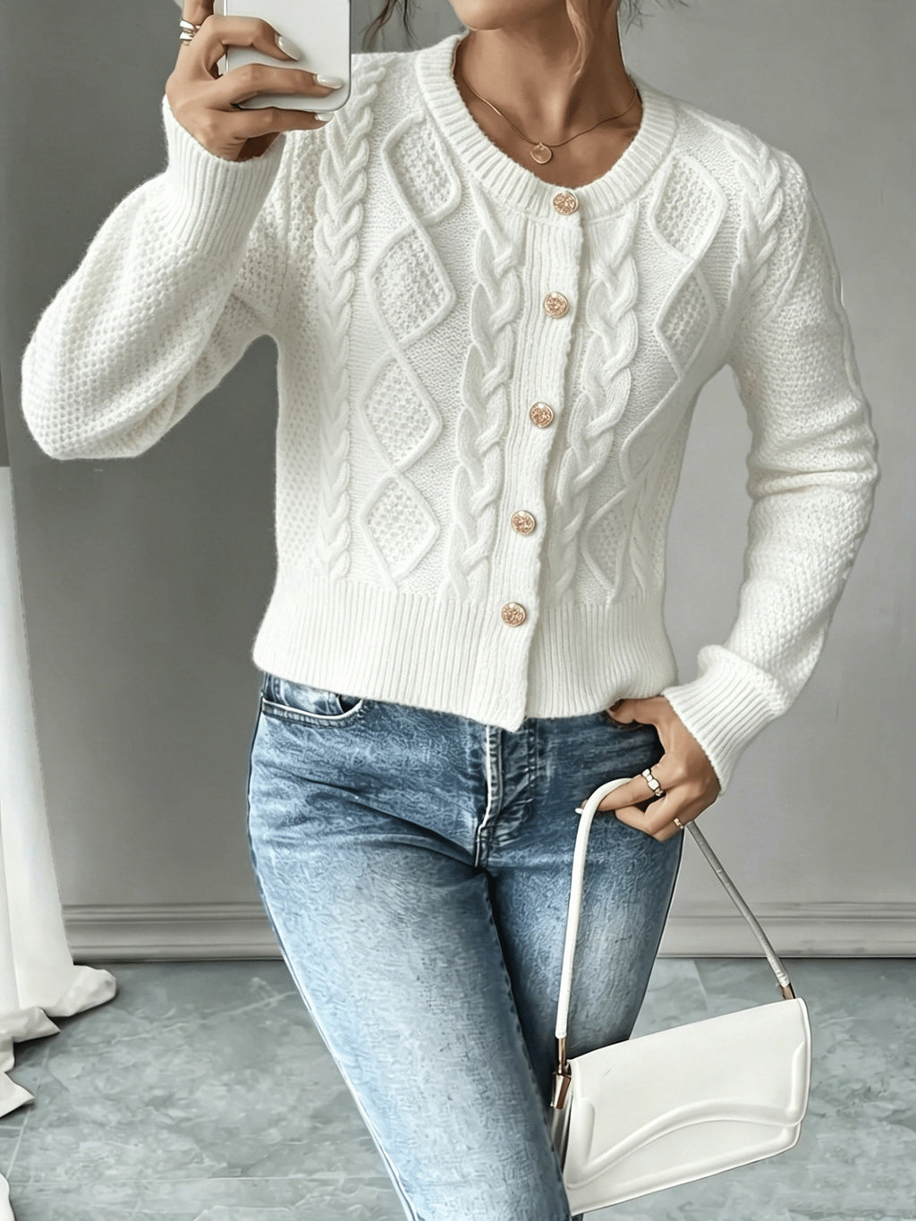 Eleanore | Cable-Knit Button-Front Cardigan – styled view