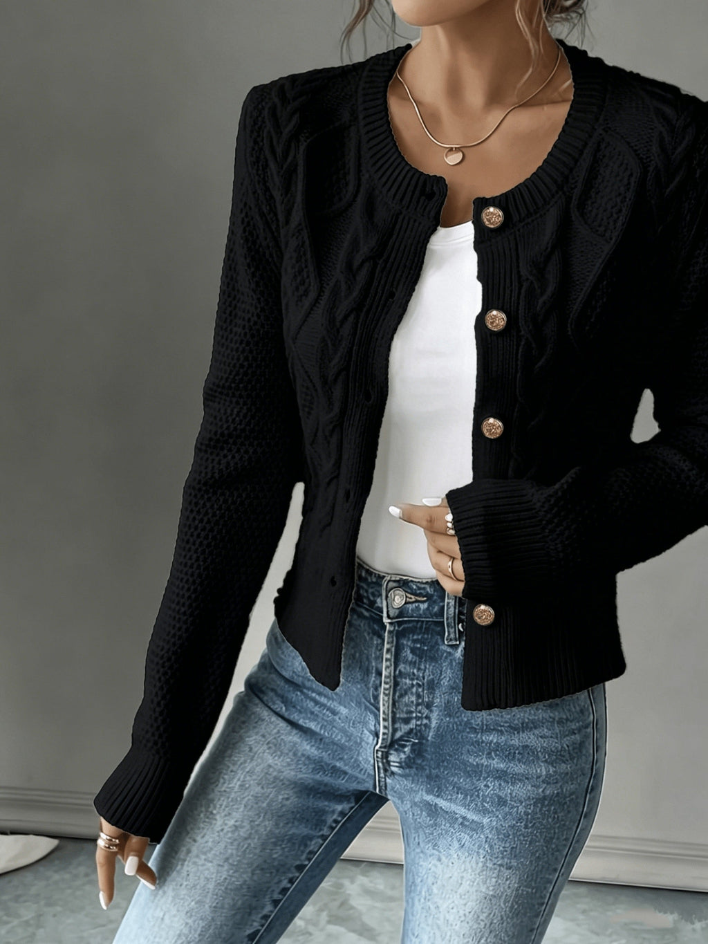 Eleanore | Cable-Knit Button-Front Cardigan – front view