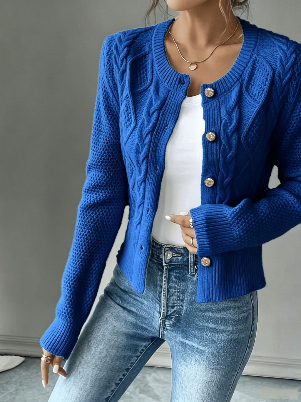 Eleanore | Cable-Knit Button-Front Cardigan – front view