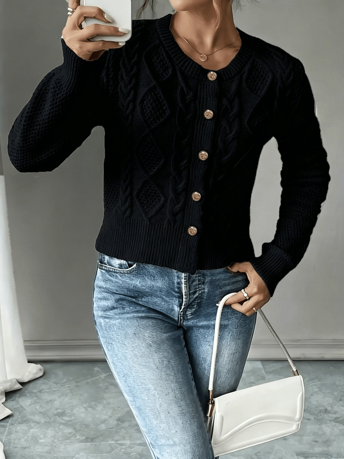 Eleanore | Cable-Knit Button-Front Cardigan – styled view