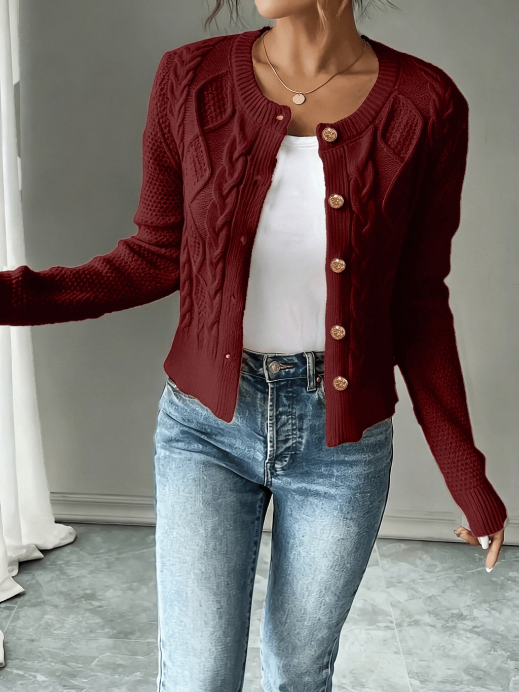 Eleanore | Cable-Knit Button-Front Cardigan – front view