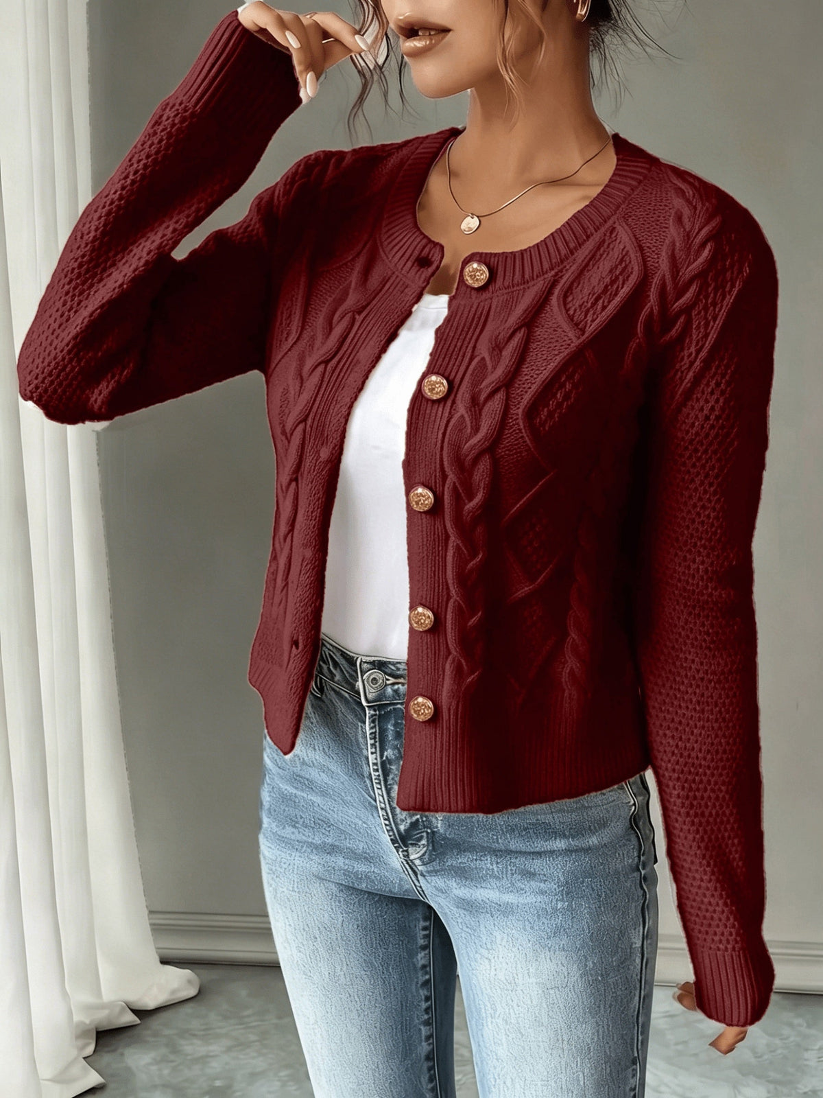 Eleanore | Cable-Knit Button-Front Cardigan – front view