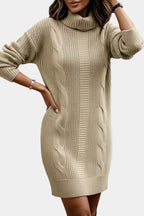 Elinora cozy knit turtleneck sweater dress, hem detail