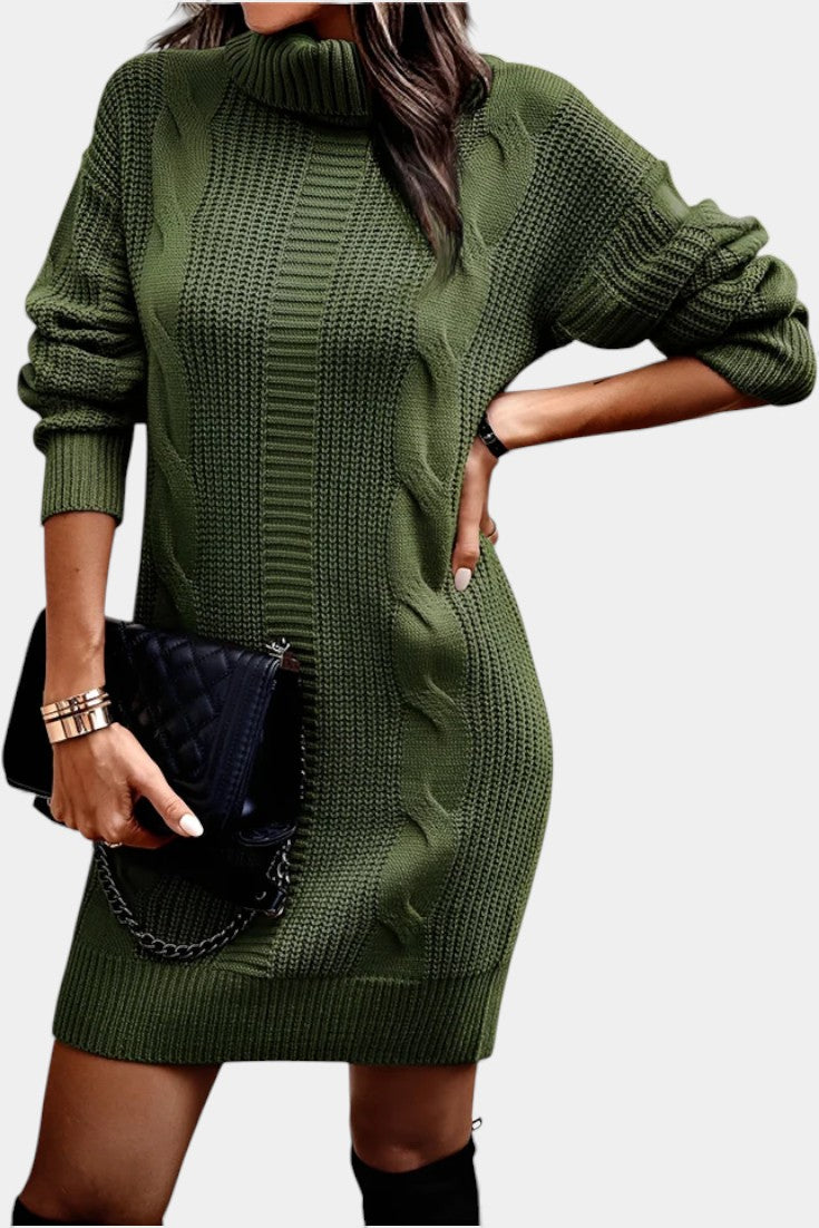 Elinora cozy knit turtleneck sweater dress, sleeve detail