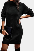 Elinora cozy knit turtleneck sweater dress, neckline detail