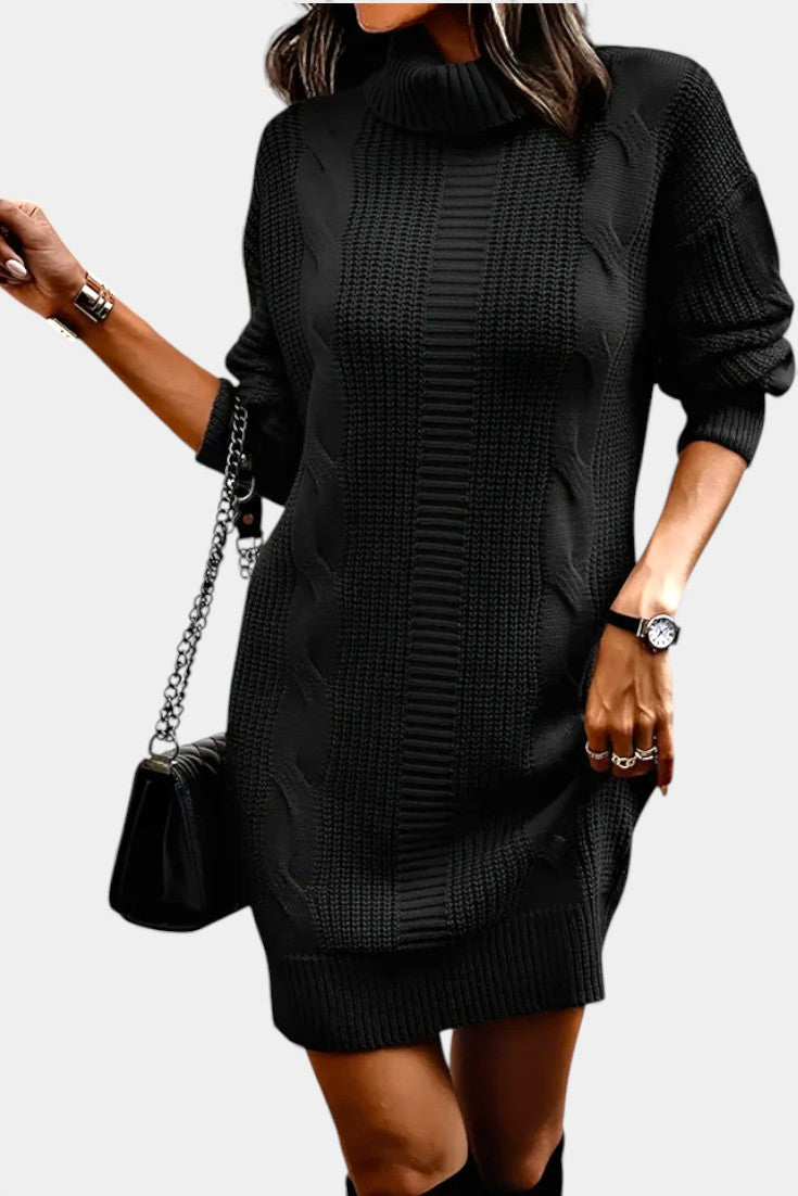 Elinora cozy knit turtleneck sweater dress, fabric detail