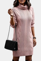 Elinora cozy knit turtleneck sweater dress, flat lay