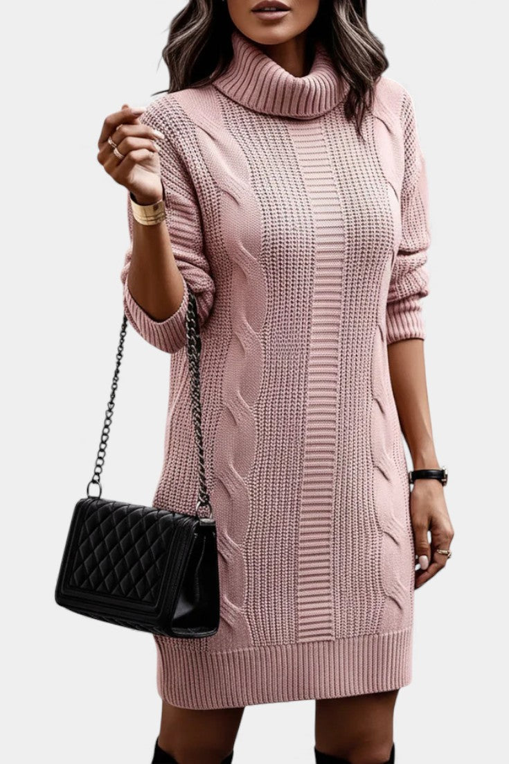 Elinora cozy knit turtleneck sweater dress, flat lay