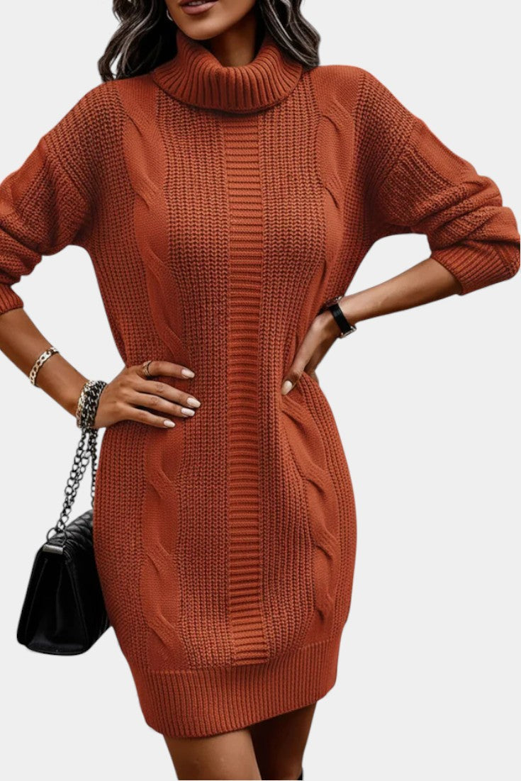Elinora cozy knit turtleneck sweater dress, styled with accessories