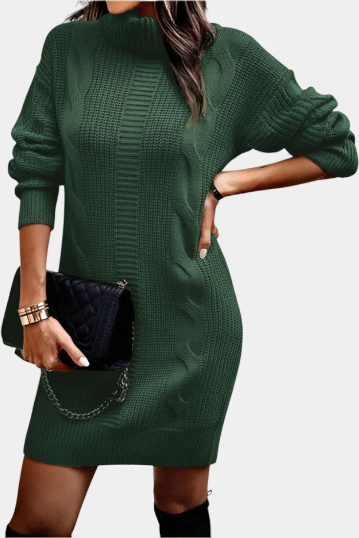 Elinora cozy knit turtleneck sweater dress, styled for daytime