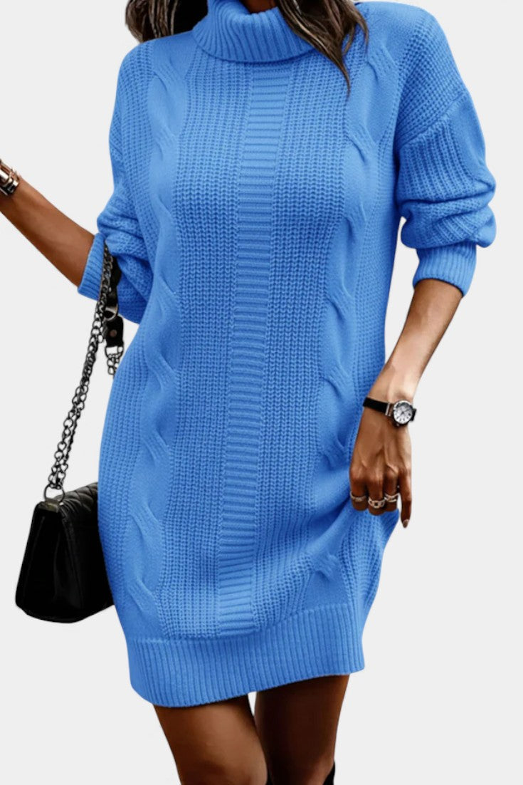 Elinora cozy knit turtleneck sweater dress, styled for evening