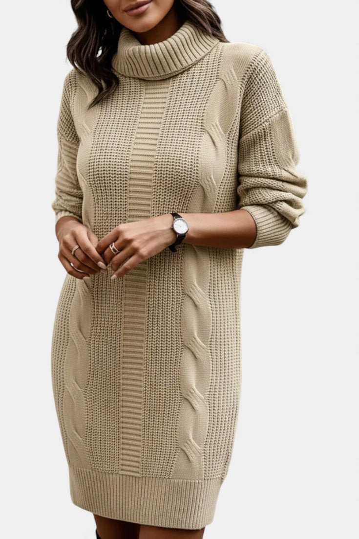Elinora cozy knit turtleneck sweater dress by Vera Noir – side view