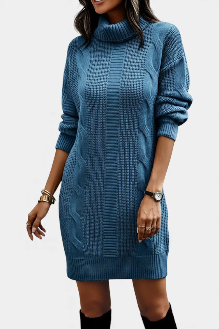 Elinora cozy knit turtleneck sweater dress, fit detail