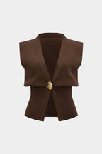 Elsa Sleeveless Knit Vest Top with Gold Clasp by Vera Noir – front view