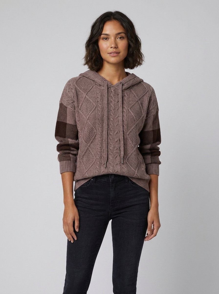 Elysia Cable Knit Hooded Sweater in brown – front view