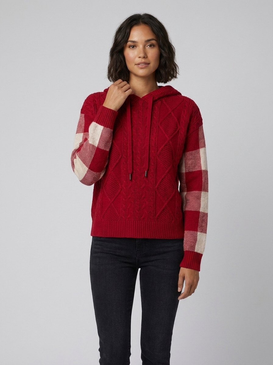Elysia Cable Knit Hooded Sweater in red – front view