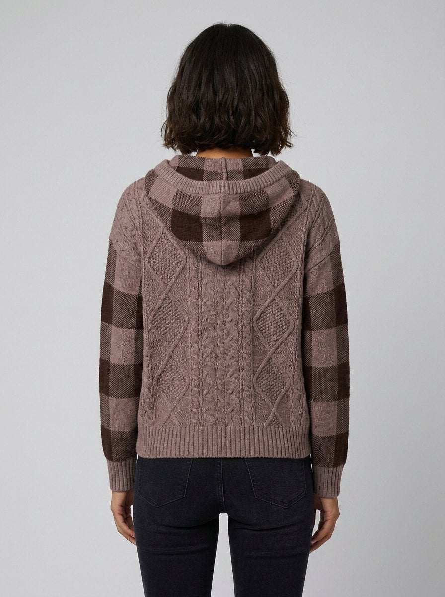 Elysia Cable Knit Hooded Sweater in brown – back view
