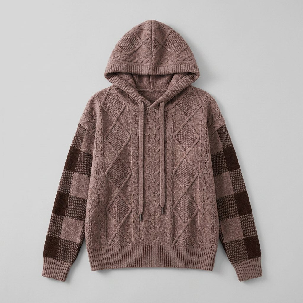 Elysia Cable Knit Hooded Sweater in brown – product detail view