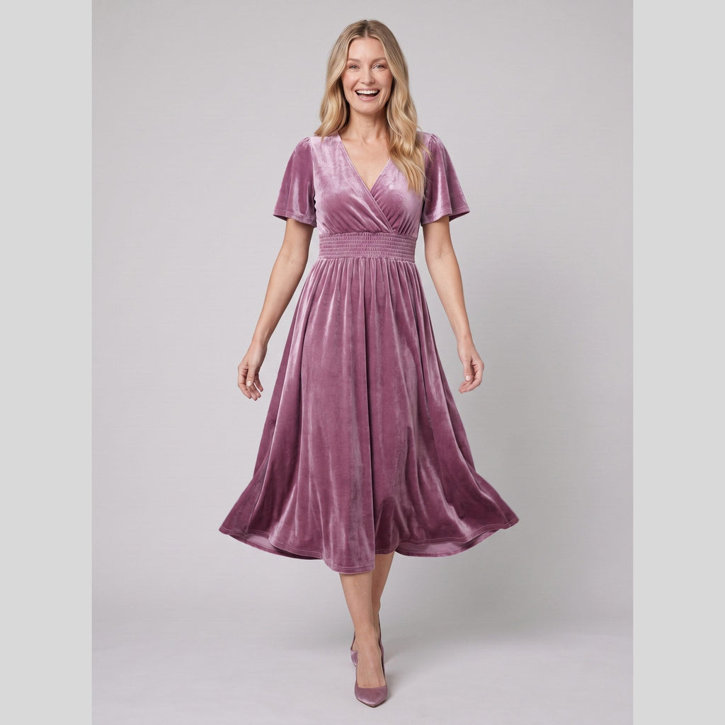 Emeraude | Ribbed Velvet Midi Dress by Vera Noir – in purple orchid