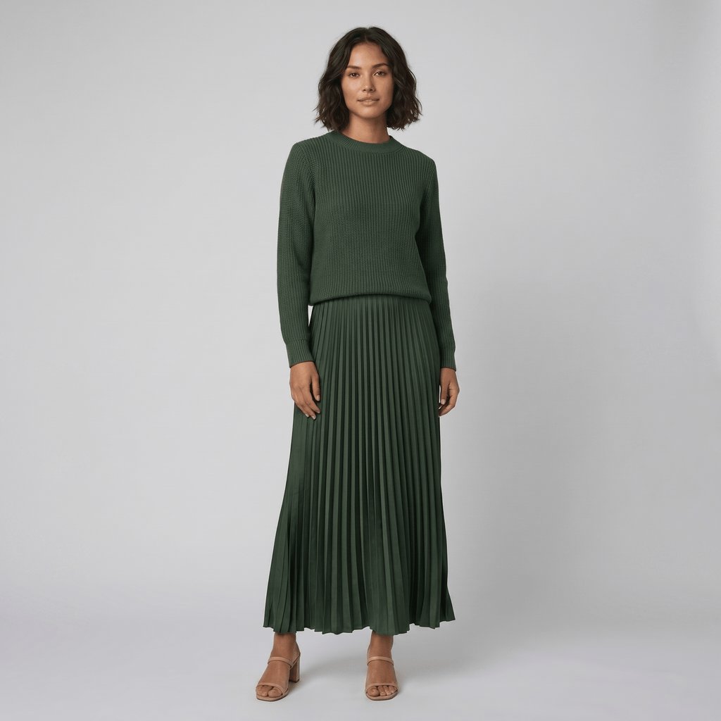 Estrid | Pullover and Pleated Skirt Set – front view – green