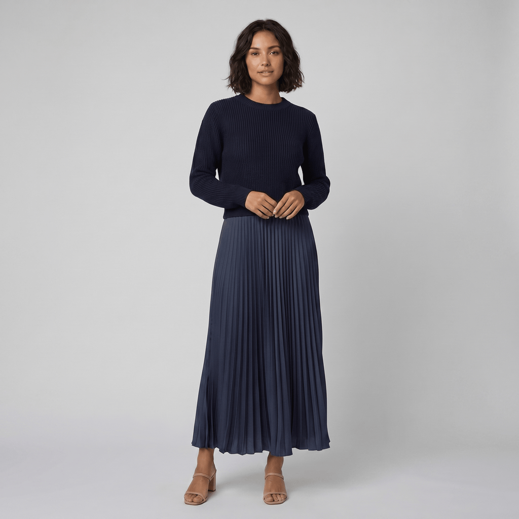Estrid | Pullover and Pleated Skirt Set – front view – blue