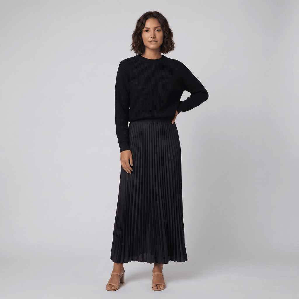 Estrid | Pullover and Pleated Skirt Set – front view – black
