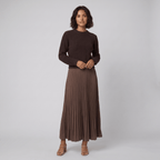 Estrid | Pullover and Pleated Skirt Set – front view – brown