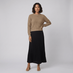 Estrid | Pullover and Pleated Skirt Set – front view – khaki and black