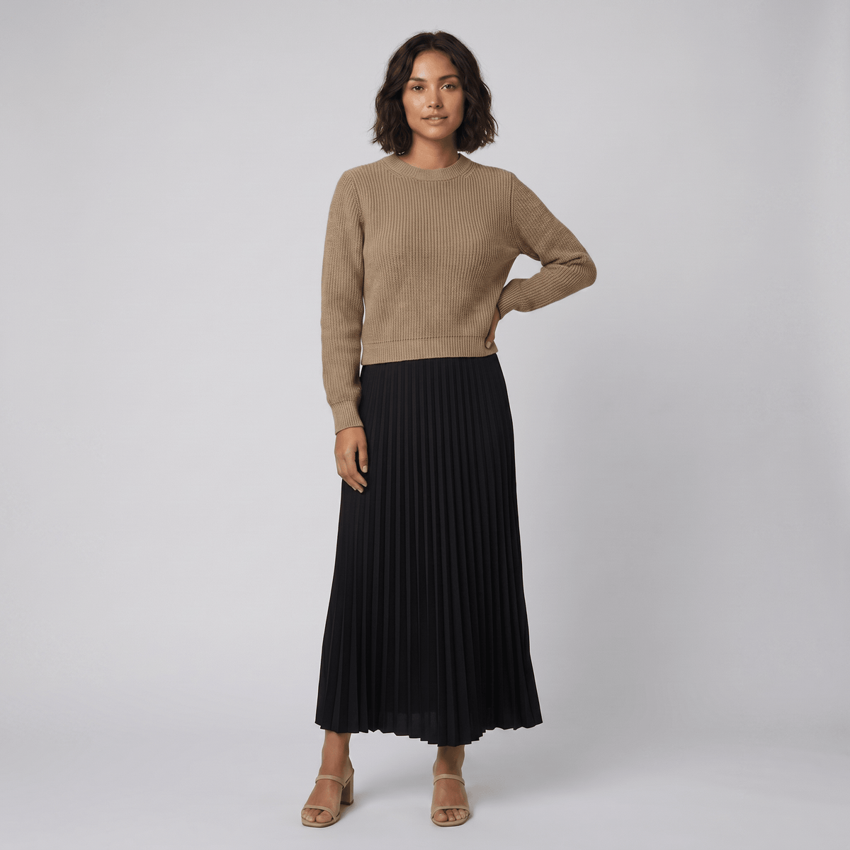 Estrid | Pullover and Pleated Skirt Set – front view – khaki and black