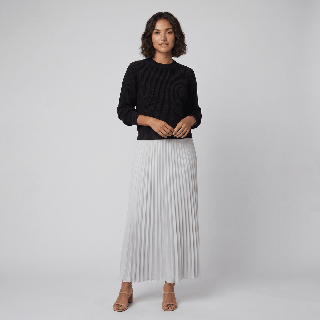 Estrid | Pullover and Pleated Skirt Set – front view – black and white
