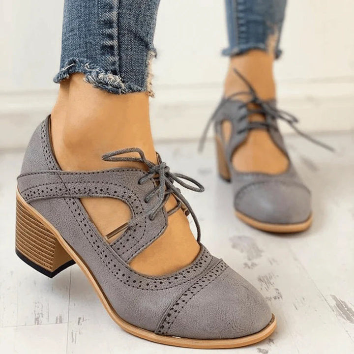 Evalyn Heeled T-Strap Shoes – styled view