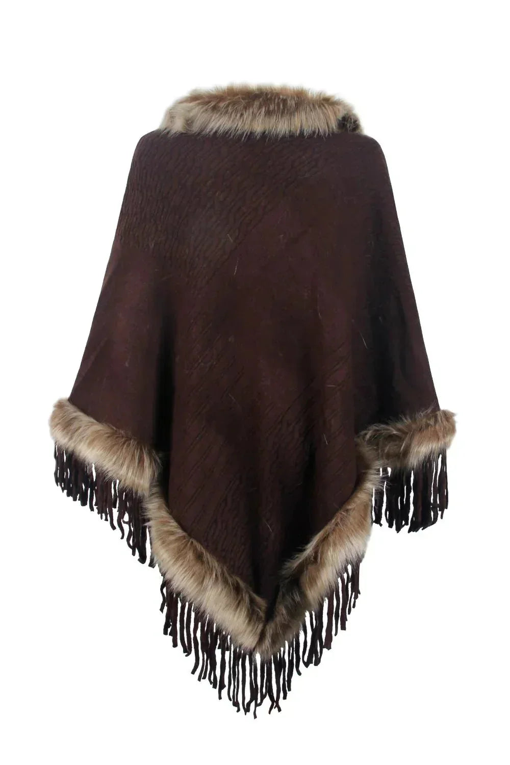 Farrah Knit Poncho by Vera Noir, faux fur trim detail view