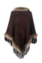 Farrah Knit Poncho by Vera Noir, faux fur trim detail view