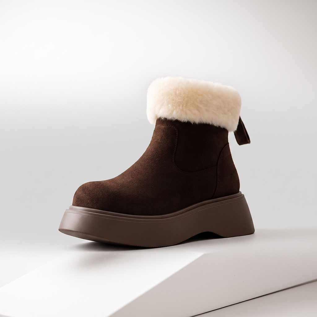 Gilly Faux Shearling Platform Ankle Boots in coffee – front view
