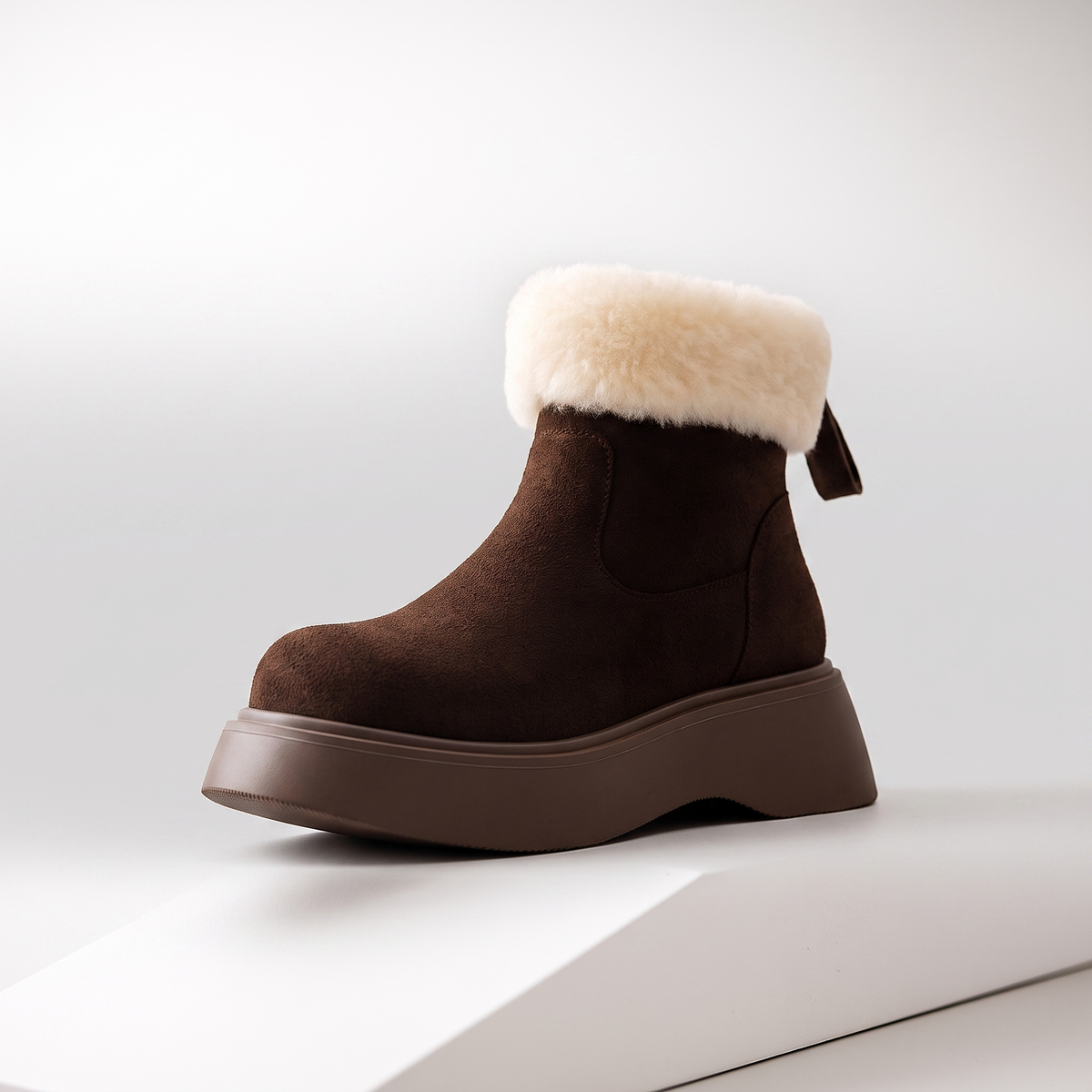Gilly Faux Shearling Platform Ankle Boots in coffee – front view