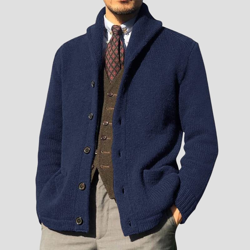 Kester Button Knit Cardigan styled with trousers
