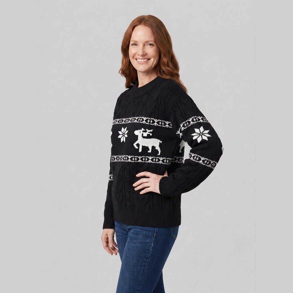 Gwenore | Nordic Pattern Knit Sweater – front view – black
