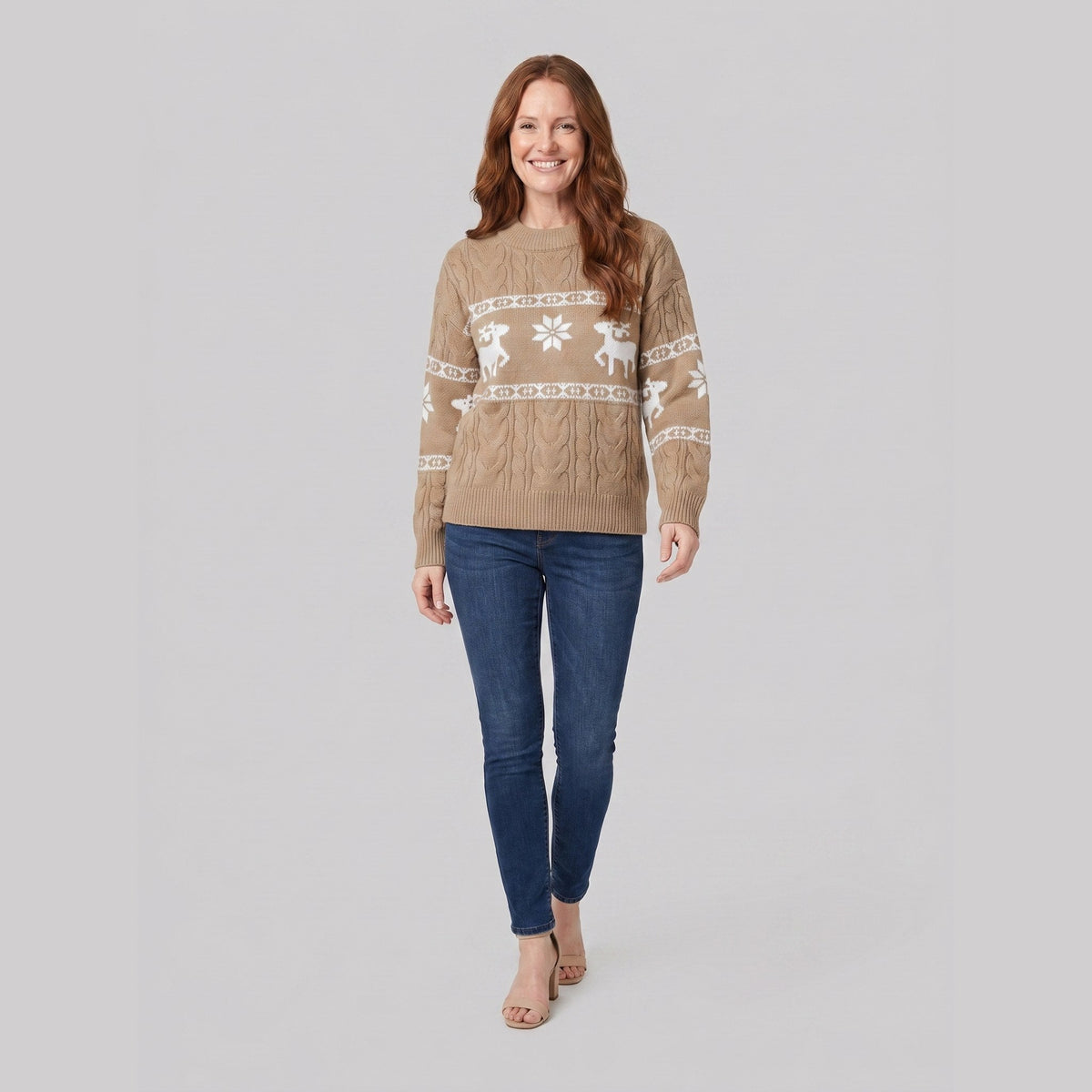 Gwenore | Nordic Pattern Knit Sweater – front view – beige