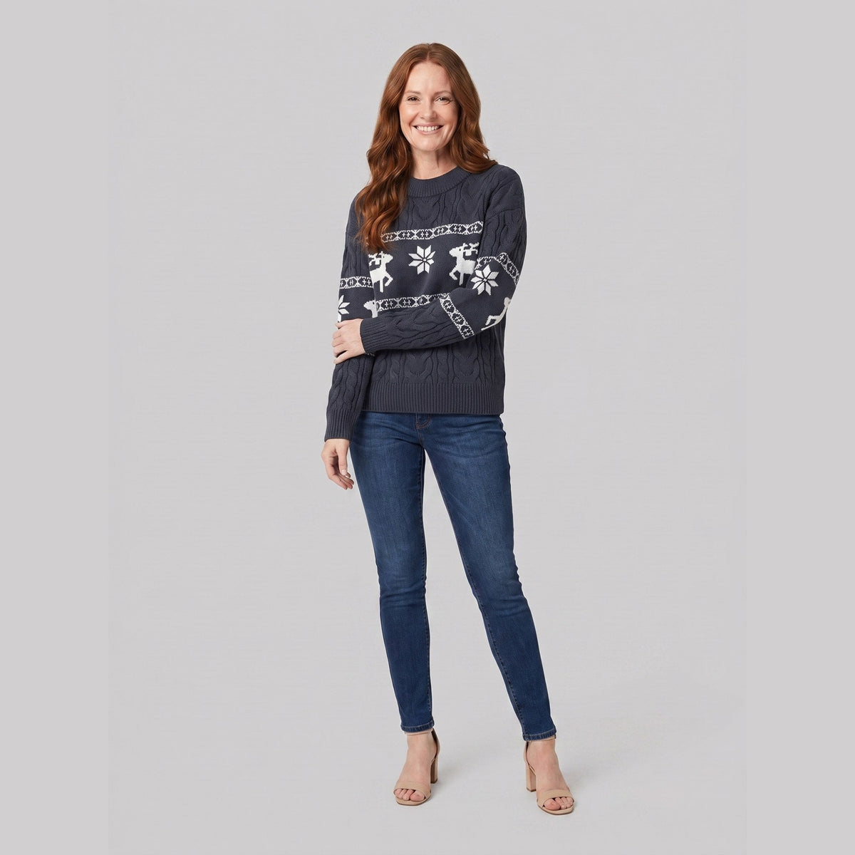 Gwenore | Nordic Pattern Knit Sweater – front view – gray