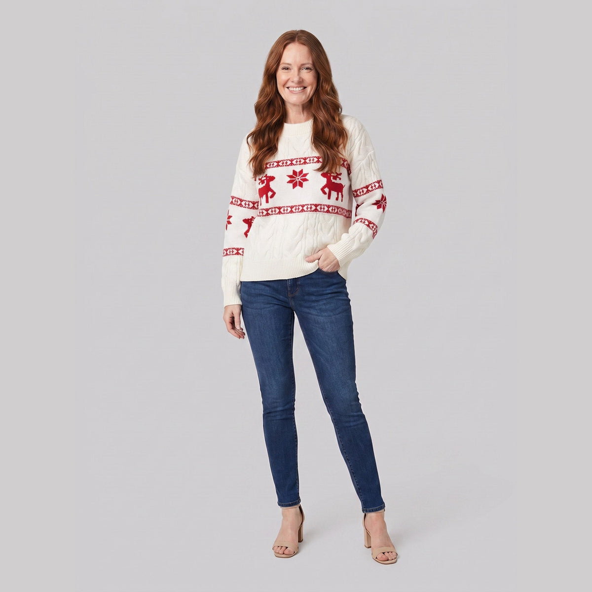 Gwenore | Nordic Pattern Knit Sweater – front view – white
