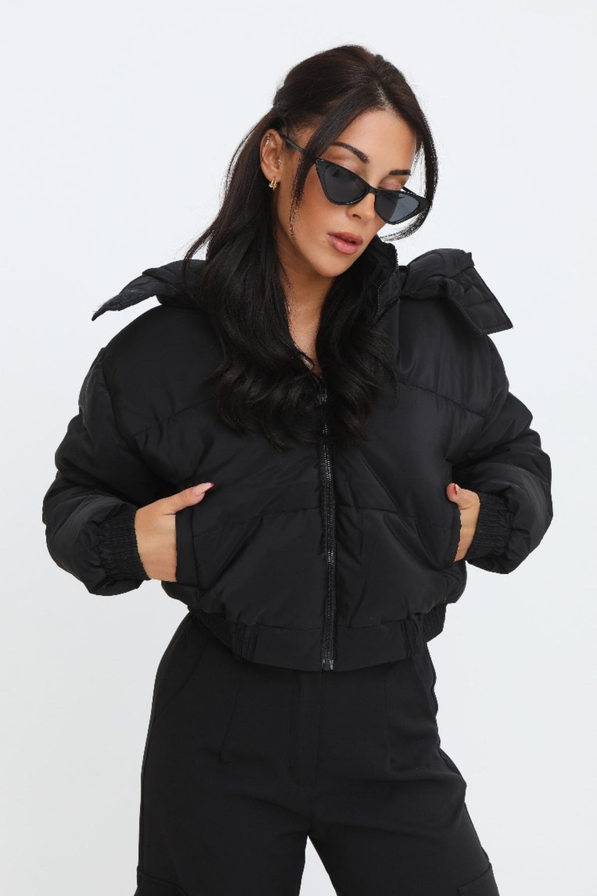 Harper Cropped Padded Jacket in black – front view