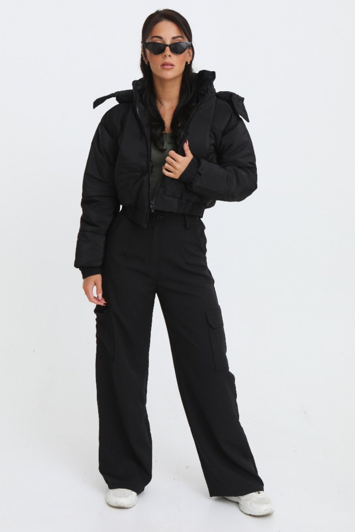 Harper Cropped Padded Jacket in black – styled view