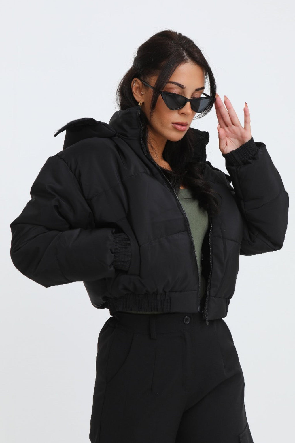 Harper Cropped Padded Jacket in black – hood detail view
