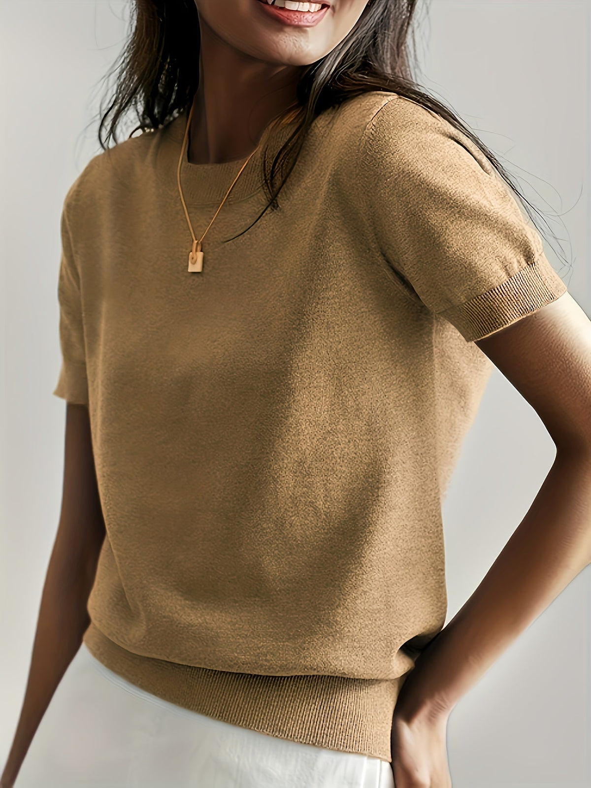 Harriet Fine-Knit Short Sleeve Sweater, side profile